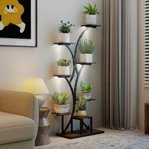 COSTWAY Pflanzenständer mit Wachstumslichtern, 8-stöckiges Pflanzenregal, Blumenständer Innenbereich, Blumentreppe aus Metall Holz, Blumenregal für Indoor Zuhause Garten Balkon, 67 x 30 x 146 cm