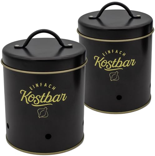 SUSTANIA Metalldose Kostbar Knoblauch 2er Set - Schwarze Küchen Vorratsdosen mit Griff und Aufdruck Einfach Kostbar - d=11cm, H=16,5cm - Zwiebel Knoblauch Aufbewahrung
