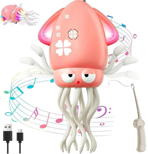 Dancing Squid Toy,Funny Electric Dancing Octopus Toy with LED & Music,Creative Crazy 8-Leg Action Dancing Squid for Stress Relief & Kids&Girls,PINK with Fishing Pole