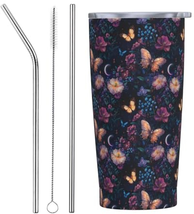 Vaso aislado de acero inoxidable con tapa y popote, con estampado de mariposas moradas, vasos de acero inoxidable, taza de café personalizada, botella de agua