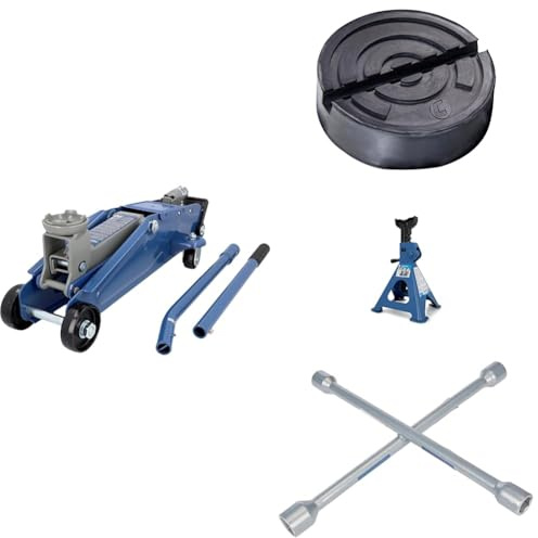cartrend Werkstatt Reifenwechsel-Set Profi - hydraulischer Wagenheber 2t mit Gummiauflage, Unterstellbock 2t & Kreuzschlüssel