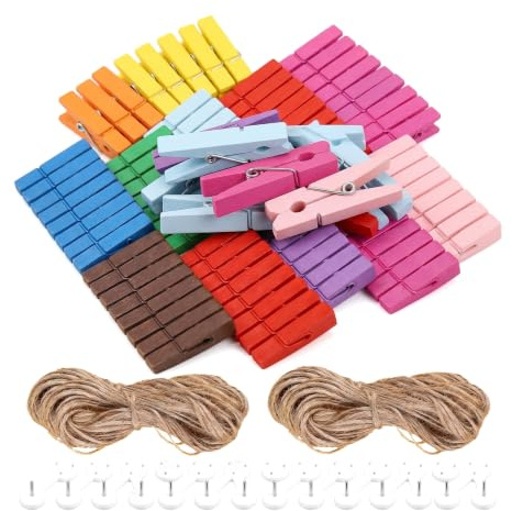 Holzklammern Klein, Holzwäscheklammern für Fotos Aufhängen mit Klammern | 100 Stück Nachhaltige Deko Klammern, Mini Wäscheklammern für Fotos Fotoseil Bilder Collagen Postkarten Geschenke (Bunt)