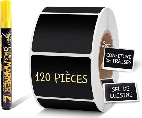 120 Étiquettes Ardoise Autocollantes pour Bocaux, Étanche et Réutilisable, Stickers Noirs 3.5x5.5cm pour Épices, Confiture et Cuisine, 1 Marqueur Craie Jaune Inclus