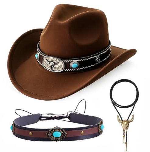 Set di cappello da cowboy per adulti, kit da cowgirl occidentale con decorazione testa di toro, collana e cintura, sottogola regolabile, vintage, per donne e uomini, ideale per Halloween, carnevale