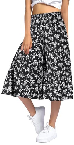 Pantalon Jupe Femme Décontractée 7/8eme Léger Taille Elastique Jupe Culotte Femme Imprimé Pantalons Été Chic Ample Jupe Culotte avec Poches Fluide Large Pantalons pour Vacances Plage et Loisirs