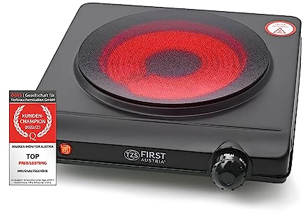 TZS First Austria - Placa de cocción vitrocerámica infrarroja TODOS los tipos de ollas 1250W - Mini hornillo eléctrico individual para mudanza, camping y hogar - Regulación continua y luz indicadora