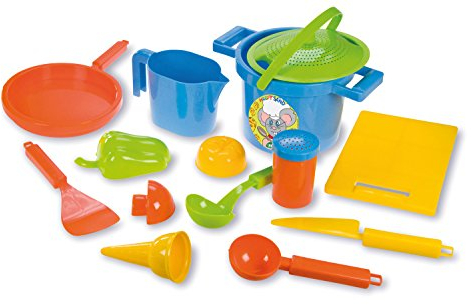Lena 05410 Happy Sand Spielset Kochen 14 teilig Sand und Wasser Spielzeug Set mit Topf, Sieb, 3 Förmchen, Brett, Pfanne, Eislöffel, Eistüte und weitere Küchenzubehör Teile, 116