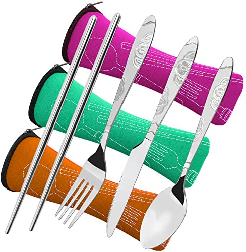 CKANDAY 3 Pack Couvert Camping, 12 pièces Voyage Couteau Cuillère Fourchettes Baguettes et 3 étui de Transport, Argenterie Vaisselle pour Pique-Nique Randonnée Table Cuisine, Rouge/Vert/Orange