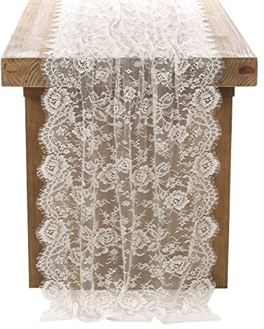 DÉCOCO Weiße Spitze Tischdecke 75 * 300cm in Spitzenauflage Vintage Bestickte Spitzeauflage für Hochzeit Vintage Rezeption Dekor Sommer Outdoor Party Boho Hochzeit Tisch Dekor