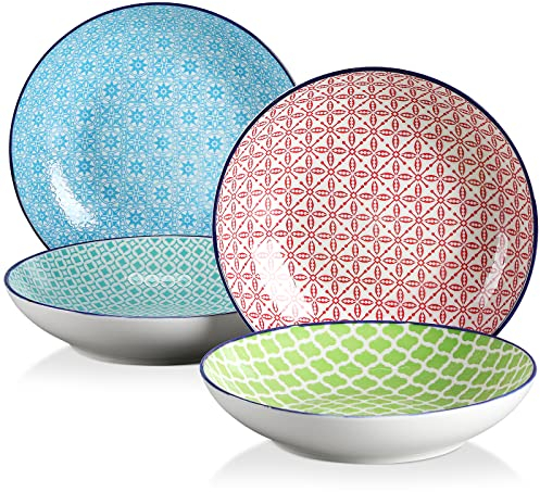 vancasso Macaron 8.5 inch Pasta Bowls Set, 4 Pieces Japanese Style Deep Plates, Porcelain Colorful Soup Plate Set (21.5 * 21.5 * 4.5cm)