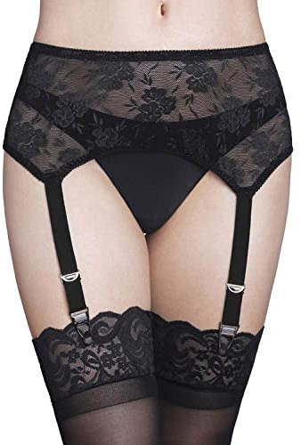GARGALA Lace Garter Belt Sexy Black Suspenders for Women Lingerie Plus Size with 4 Vintage Metal Clips for Stocking (XXL)