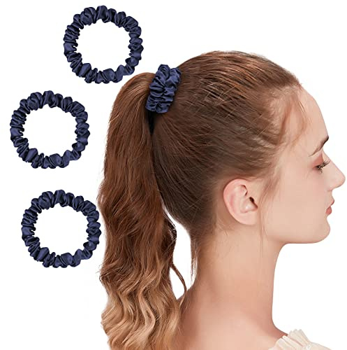OLESILK 3 silkes scrunchies för hårvård små, marinblå | 100% silke, skonsam mot håret. Skyddar mot håravbrott. för hästsvans och knut. Presentförpackning.