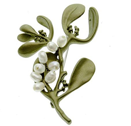 Brosche Clips Broschen Anstecknadel Broschennadel Dekorative Europäische Und Amerikanische Retro-Naturperle Weißes Wachs Mistel Myrte Gras Blatt Pflanze Männliche Und Weibliche Brosche Ohrringe,槲寄生胸针