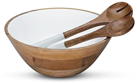 Folkulture Salad Bowls or Wooden Bowls with Salad Servers, Large Serving Bowl or Fruit Bowl, Wooden Salad Bowl Set for Mixing or Tossing, 12 D x 5 H, Mango Wood, White