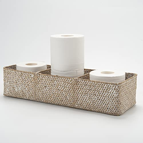 Seagrass Tank Basket for Toilet Paper 3 Sections Woven Storage Basket with Large Compartment (Whitewash 42cm x 14cm x 9cm)