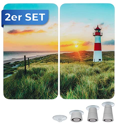 WENKO Herdabdeckplatte Universal Mod. Leuchtturm, höhenverstellbar für alle Herdarten, Schneidebrett und Spritzschutz, Glas, 30 x 52 cm, 2-teilig