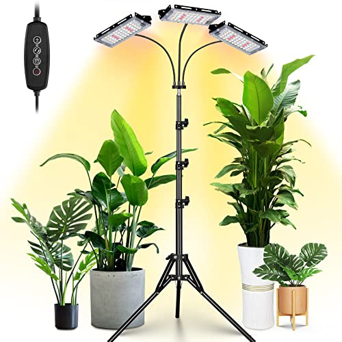 LORDEM Plant Grow Light with Stand, Full Spectrum LED Growing Lamp, Tri-Head with 3H/6H/12H Timer, 6 Dimmable Levels, 3 Lighting Modes, 15-63 Adjustable Tripod