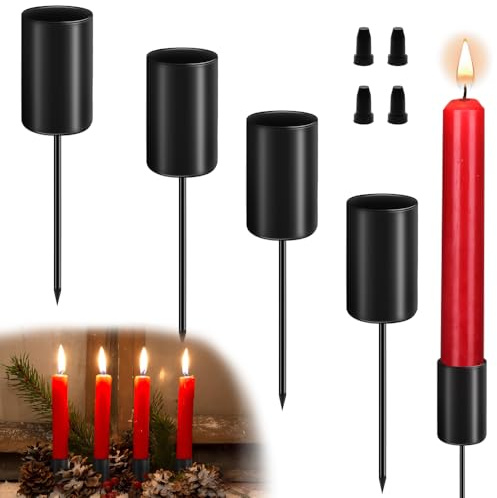 Aongray 4 Stück Kerzenhalter Adventskranz Stabkerze Kerzenständer Retro Schwarz, 11 x 2.5cm Stabkerzenhalter Kegelkerzenständer Adventskranz mit Kurzem Dorn