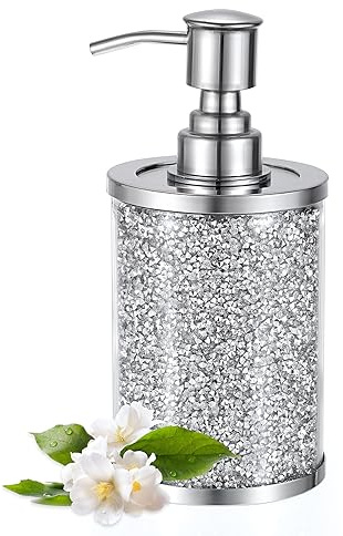 Sumnacon Silver krossad diamant tvåldispenser med pump, glas + rostfritt stål, bänkskiva för kök och badrum, 2 cc dispense