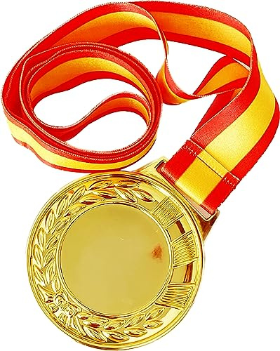 Durabol 1 Medallas Premio Ganador Metal con Cinta españa, para niños y Adulto como obsequio - con Cinta roja y Amarilla aptas para Varios Eventos Deportivos (1 Dorada Ancha)