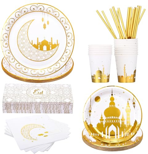 GWHOLE Assiette Aid Mubarak 96 Pcs Vaisselle Ramadan avec Enveloppe Gobelet et Serviette Eid Mubarak Assiette Eid Mubarak Decoration Vaisselle Eid Mubarak Assiette Jetable