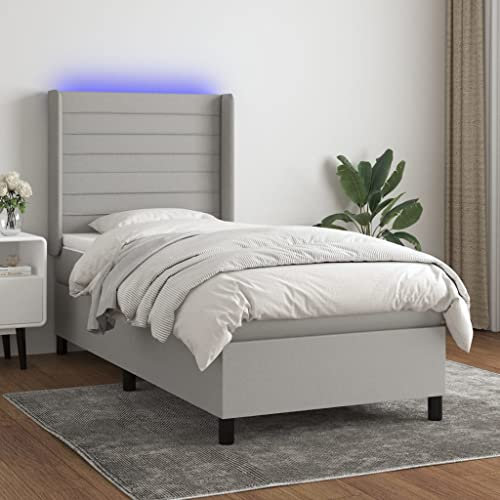 BAZZI Boxspringbett 90 x 200 cm Polsterbett mit Matratze und LED Hellgrau-19 Polsterbett 90 x 200 cm Doppelbett Bett Bettrahmen Lattenrost Jugendbett Stoff