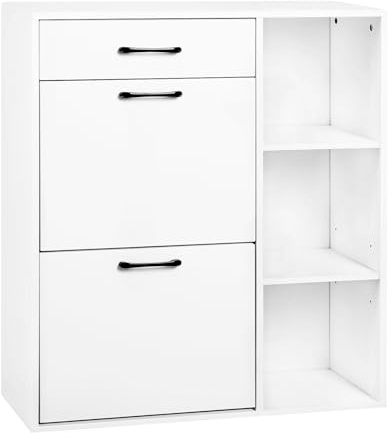 WOLTU Schuhregal Schuhkipper mit 3 Klappfächern, Schuhschrank schmal hoch | mit Schublade offenen Fächern, platzsparend, aus Holzwerkstoff, 80,2x90x30 cm, Weiß