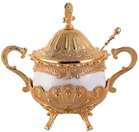 Azucarero Retro con Tapa, Azucarero con Tapa y Cuchara, Tarro de Especias de Vidrio con Relieve de Metal, Porta Dulces, Cuenco Decorativo de Metal - Cerámica Dorada (Cerámica Dorada)