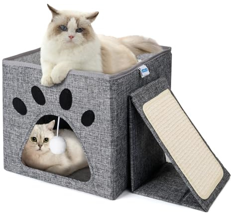 Nobleza Cueva Plegable para Gatos, Casa para Gatos Interior de 2 Capas, Cubo Multifuncional para Gatos con Tabla Rascadora Extraíble y Bola, Cama para Gatos, 35 x 30 x 30 cm Cat Bed, Gris