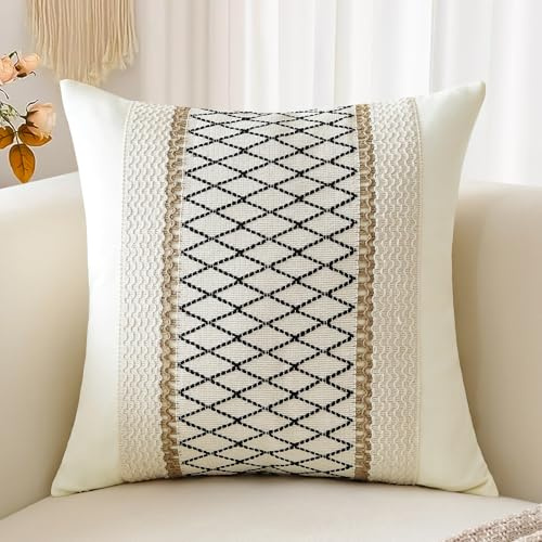 Sungeek 1 Stück Boho Kissenbezüge, Baumwolle & Sackleinen Zierkissenbezüge Dekorativ Kissenbezug Dekokissen Sofakissen Boho Style Deko Bezug Kissenhülle für Sofa Wohnzimmer (Beige Stil A, 45x45 cm)