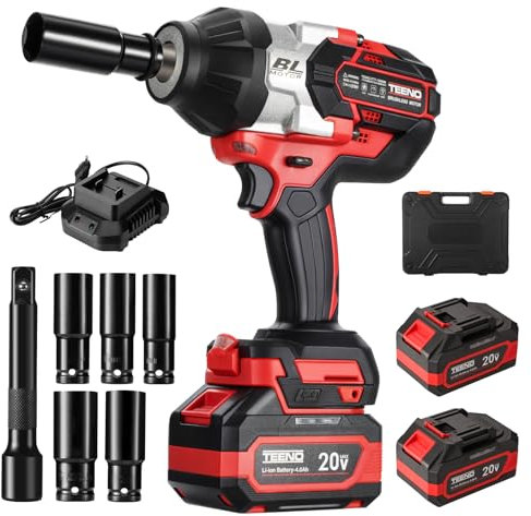 TEENO 1300Nm Avvitatore a Impulsi Brushless Senza Filo,Chiave a Percussione 1/2 Elevata Avvitatori a Massa Battente con Batterie 2x4,0 Ah,5 Bussola(17/19/21/22/24mm), Trapano Batteria per Auto e Casa
