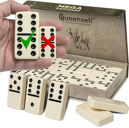Queensell Mega Großes 3-Domino-Set für Erwachsene und Kinder – Doppel-6 Domino-Klassiker – Doppel-Sechs-Domino-Set mit 28 Steinen und Geschenkbox, Juegos de Mesa