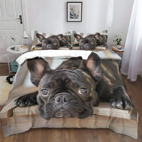 XCQHZYQ Copripiumino Matrimoniale 200x200 cm Bulldog Francese Animale Set di Biancheria da Letto in Cotone Poliestere Confortevole Stampa 3D Copripiumino con Chiusura a Cerniera