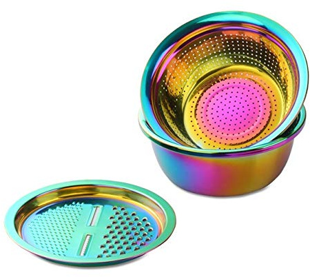 Panier de riz, panier de fruits Ensemble de passoires en acier inoxydable, 3 pièces, coupe-légumes, éplucheur de fruits, pommes de terre, râpe à carottes, passoire, ustensile rond, lave-riz,(Rianbow C