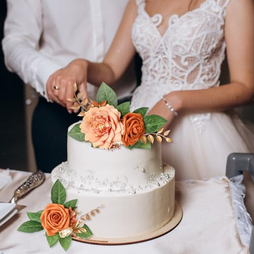 Belupai 2pcs Pre Made Cake Toppers, Orange Peony Flowers Cake Decorations Wedding Cake Decorating Flowers, Artificial Rose Engagement Cake Toppers for Party Bridal Shower Supplies