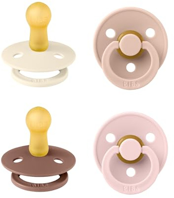 BIBS Colour Schnuller 4er-Pack. BPA-frei. Kirschform Nippel. Naturkautschuk/Latex. Hergestellt in Dänemark. Größe 1 (0-6 Monate). Blush Mix | Naturkautschuklatex | Größe 2 | BPA-frei | Hergestellt in Dänemark | Hohe Akzeptanz | Luftlöcher | Komfortschild