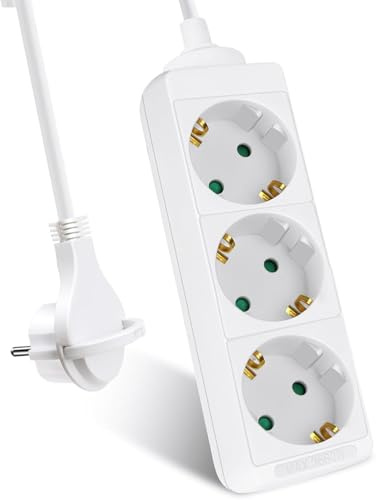 EXTRASTAR 3-Fach Steckdosenleiste, Flachstecker Mehrfachsteckdose mit 3m Kabel, Flacher Stecker mit Kindersicherung, 16A/3680W, Weiβ