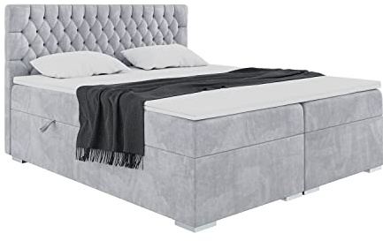 MEBLINI Boxspringbett mit Bettkasten - 180x200 - Gepolstert Doppelbett mit Matratze und Topper - Polsterbett mit Stauraum - Bett mit Kopfteil - Stauraumbett - Dalia - H4/Hellgrau Samt