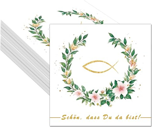 40 Stück Servietten Konfirmation,Fisch Servietten mit 'Schön, dass du da bist!' – Fisch-Tischdekoration für Taufe, Kommunion, Konfirmation, Geburtstag – Ideal für Jungen & Mädchen – 33x33 cm