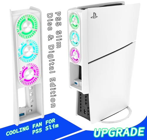 PS5 Cooling Fan with 7 Color-changing LED Light,Auto-Speed 9-Blade Quiet Fan,USB 3.0 Hub.The Accessories Compatible with PlayStation 5 Slim/Optical Drive Edition