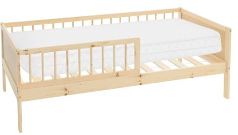 ML-Design Kinderbett 80x160 cm mit Matratze, Natur, Einzelbett für Kinder mit Lattenrost und Rausfallschutz, Jugendbett aus Kiefernholz, Holzbett, Bettgestell für Jungen & Mädchen, Massivholz Babybett