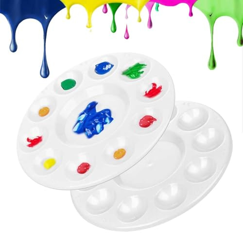 Painting Palette Paint Tray 6.7 In Palettes Plastic Round Palette with 10 Wells and 1 central reservoir for Watercolor Acrylic and Oil DIY Craft Professional Art Painting, 2 PCS