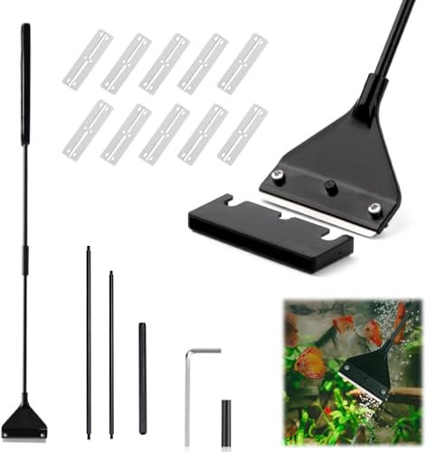 65cm Aquarium Algenschaber, Aluminium Aquariumschaber, Aquarium Scheibenreiniger Abnehmbarer mit 10 Klingen, Reinigungswerkzeuge für Glas Fischbecken Reinigung Schwer Erreichbarer Stellen, Schwarz