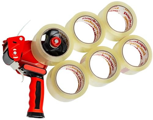 Packatape Packing Tape Gun with 6 Rolls of Extra Strong Clear Tape - Heavy Duty Packaging Tape with Premium Dispenser for Moving, Shipping, and Storage