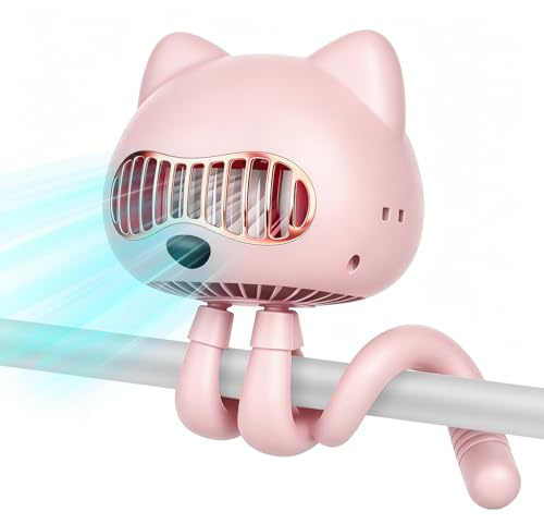 FUNJEO Portable Pram Fan, Rechargeable Handheld fan, Stroller Fan with 4 Speeds, Mini Desk Fan for Baby, Camping, Travel (F08 Pink)