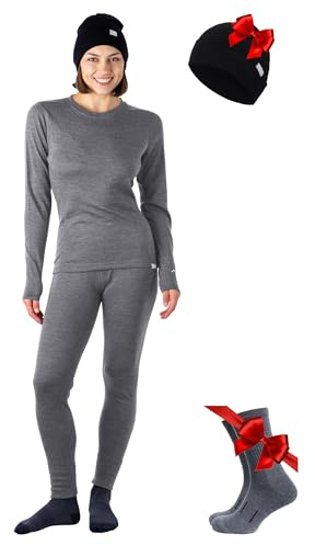 Merino.Tech Vetement Femme Ensemble Laine Merinos - 100% Merino Wool Haut et Bas avec Chaussettes Lourd, Moyen, Léger (Medium, Gray Heather Marl)