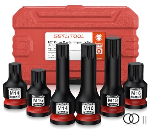 GETLITOOL Set 6PZ 1/2 Inch Bussola a Brugola XZN M14 M16 M18 in Acciaio 42CR-MO, Corredo di Bussole a Impatto Lungo 45mm/78mm, 6x Bussole Dodecagonali per Avviatore con Valigetta