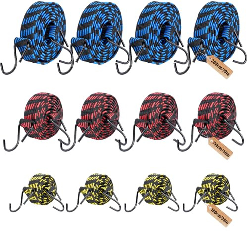Akamino 12 Pcs Bungee Cords with Hooks,1m/1.5m/2m Long Heavy Duty Bungee Straps Weatherproof & UV-Resistant Elastic Rope, Anti-slip Flat Rubber Straps for Luggage Tent Caravan Camping (3cm Width)