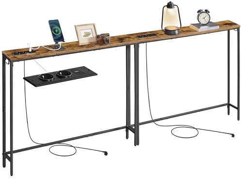 VASAGLE Set med 2 konsolbord med grenuttag, sidobord, 15 x 100 x 80 cm, 2 krokar, enkel montering, för entré, vardagsrum, rustik brun och bläcksvart ZH2505004