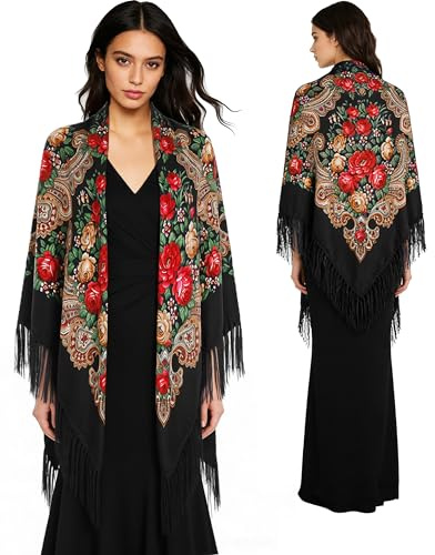 SmilerSmile Extra Large Russian Style Pashmina Shawl Wrap for Women, 63 Oversized Women's Scarves & Wraps with Tassel Traditional Retro Floral Poncho Shawls (XL, Black)